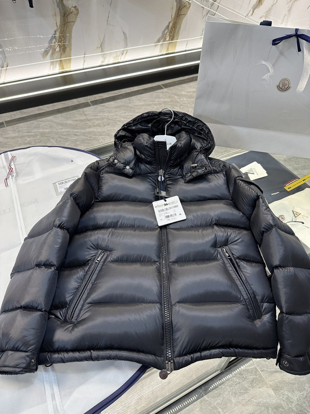 Moncler Black Glossy Hooded Puffer Coat