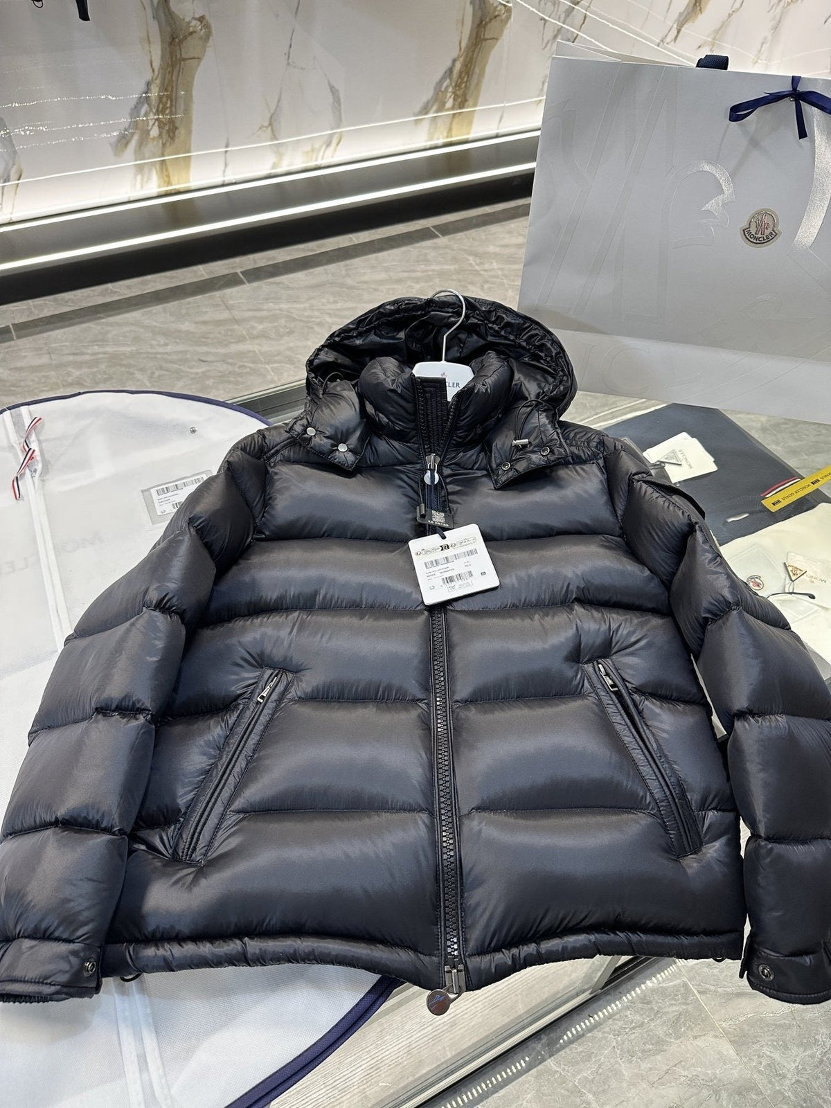 Moncler Black Glossy Hooded Puffer Coat