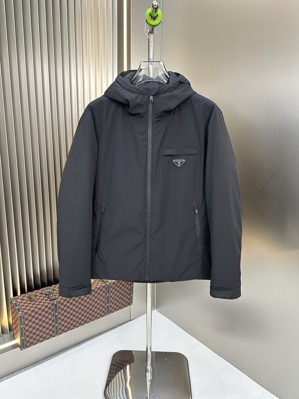 Prada Dark Grey Hooded Puffer Jacket