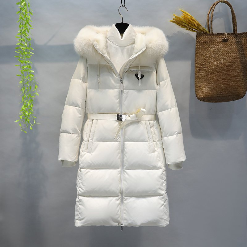 Prada Belted Fur-Trim Hood Long Down Jacket