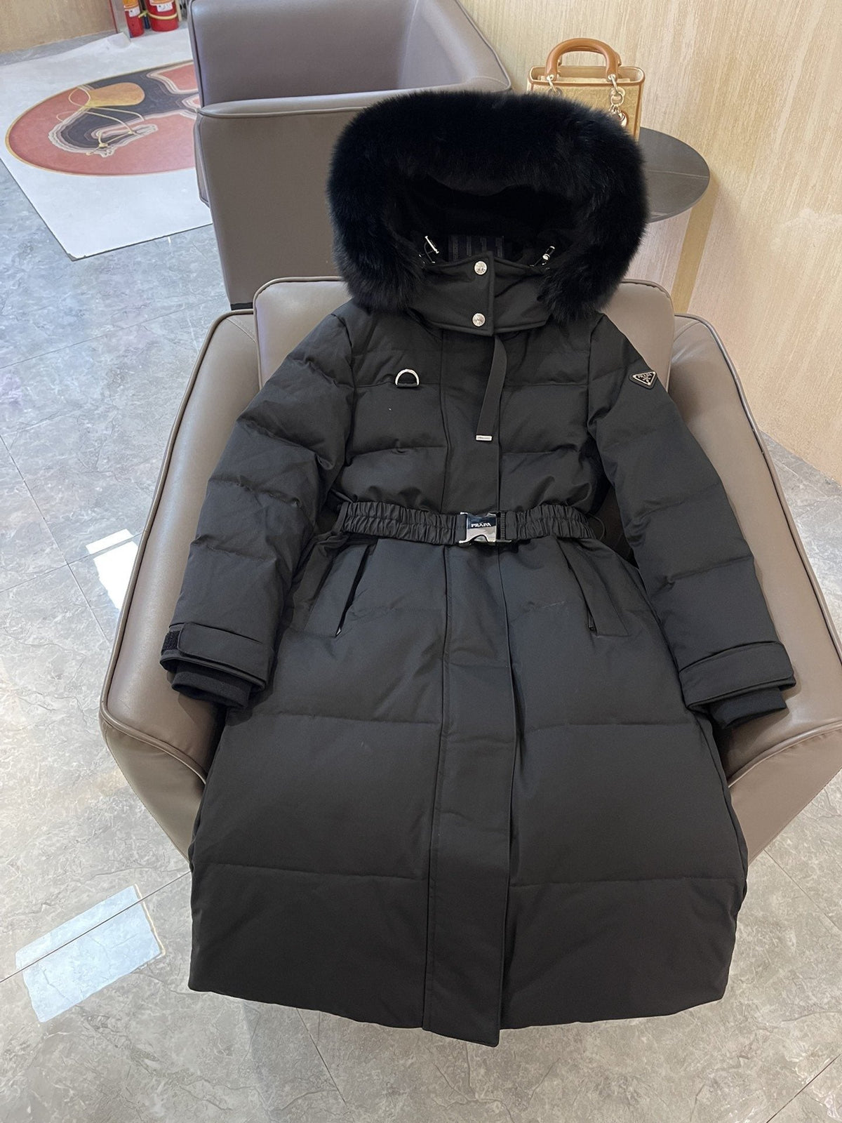 Prada Belted Fur-Trim Hood Long Down Jacket