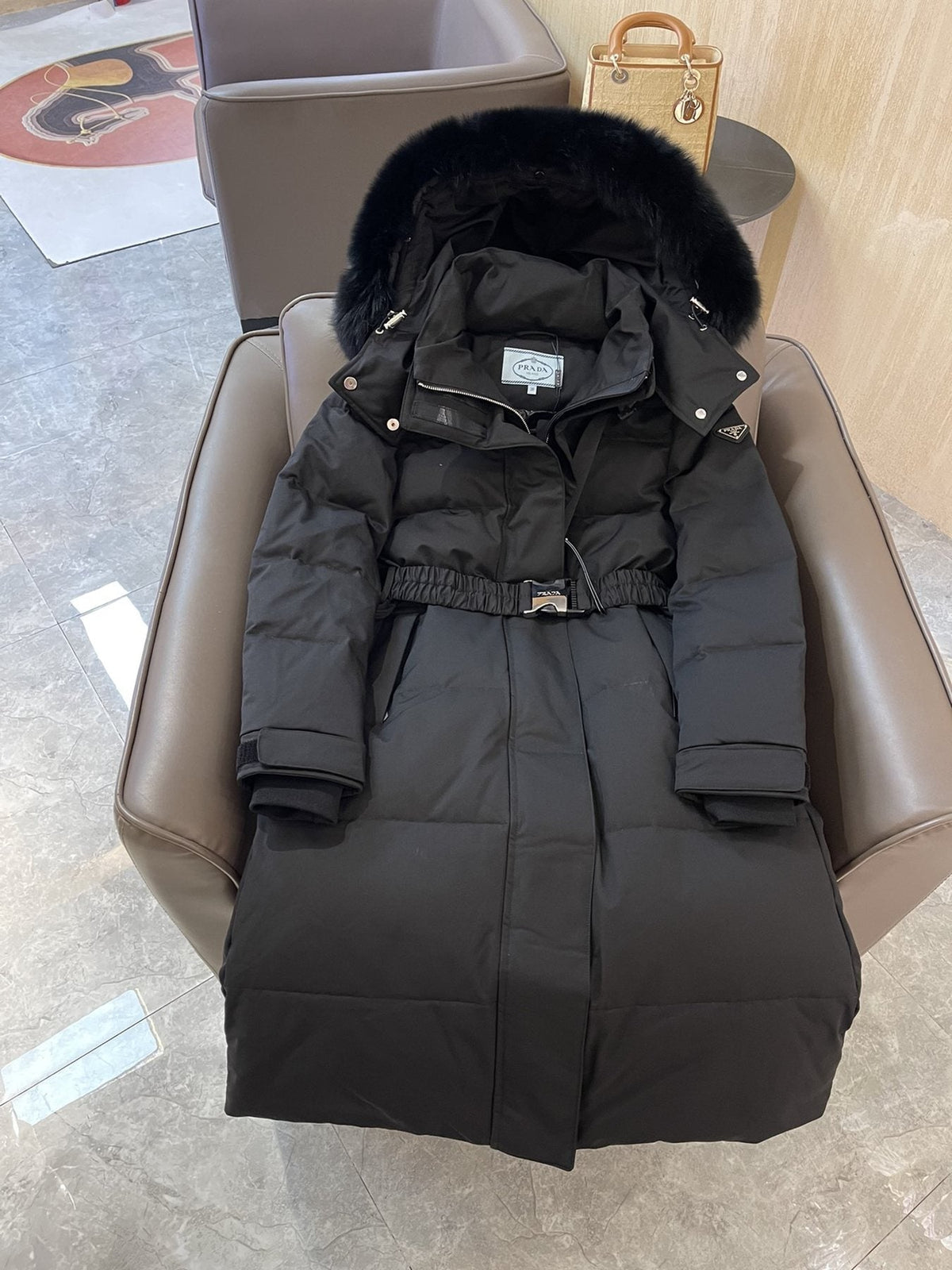 Prada Belted Fur-Trim Hood Long Down Jacket