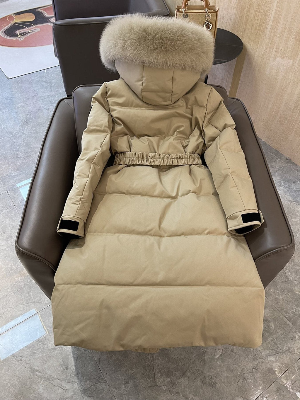 Prada Belted Fur-Trim Hood Long Down Jacket