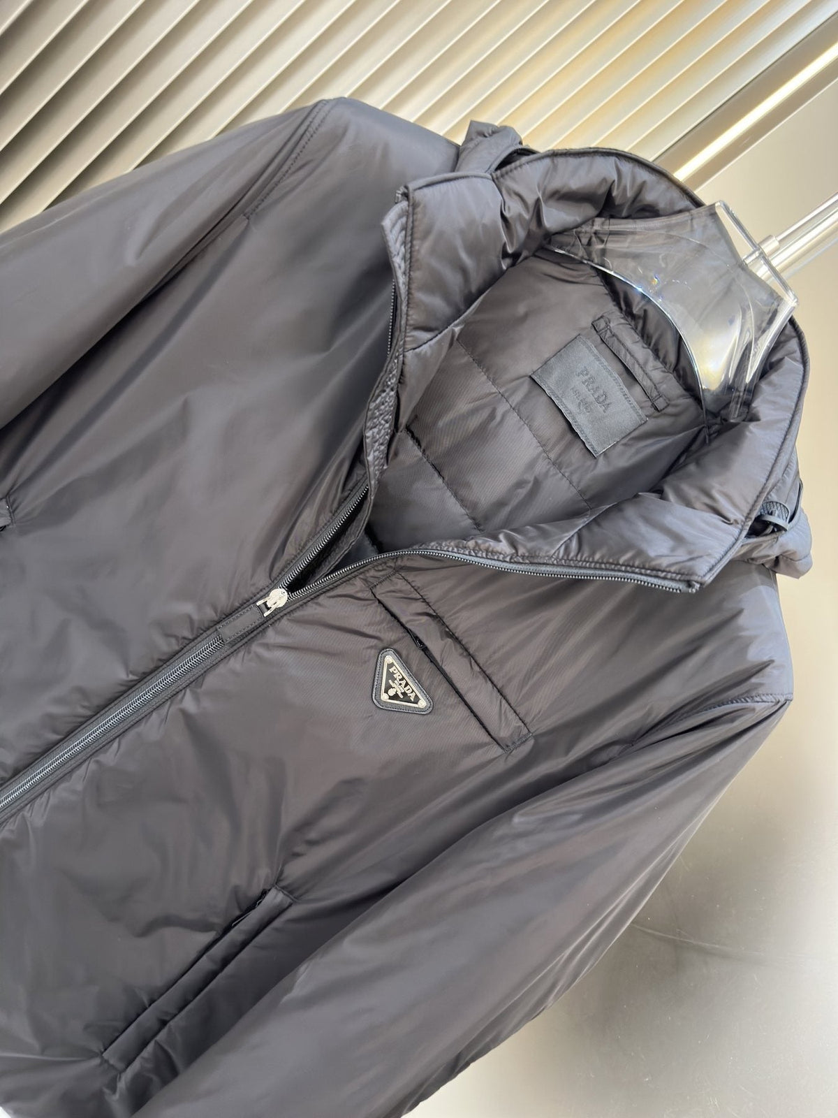 Prada Hooded Puffer Jacket with Triangle Chest Badge