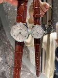 Omega White Dial Brown Strap Couple Watch Set