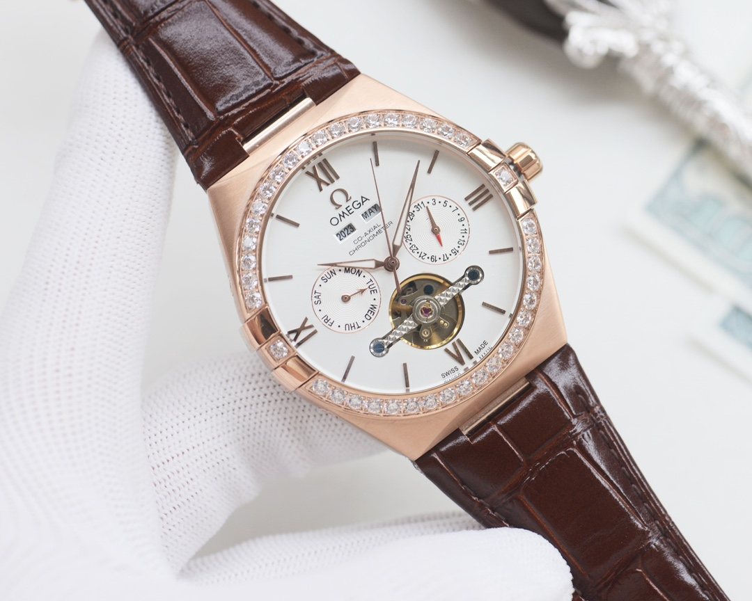 Omega Rose Gold Brown White Dial Strap Watch