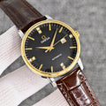 Omega Brown Gold Black Dial Leather Strap Watch