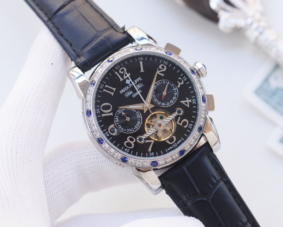 Patek Philippe Silver Blue Black Dial Leather Strap Watch