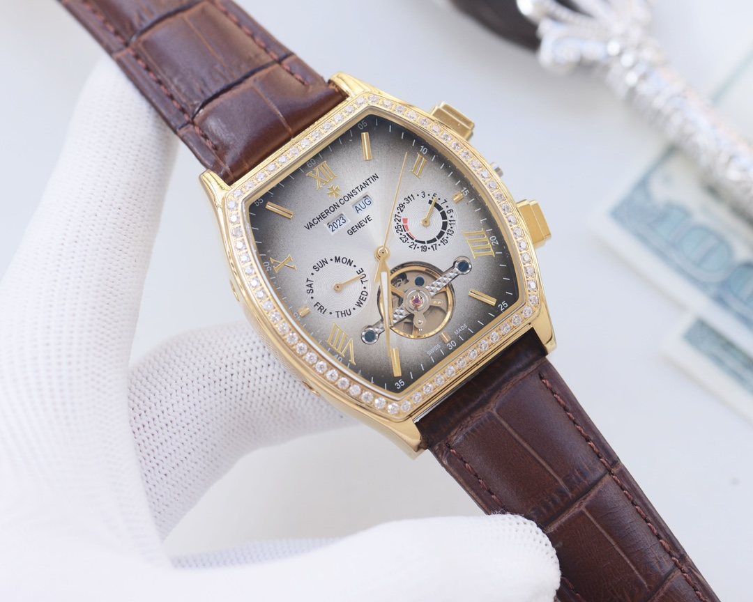 Vacheron Constantin Gold Brown White Dial Strap Watch