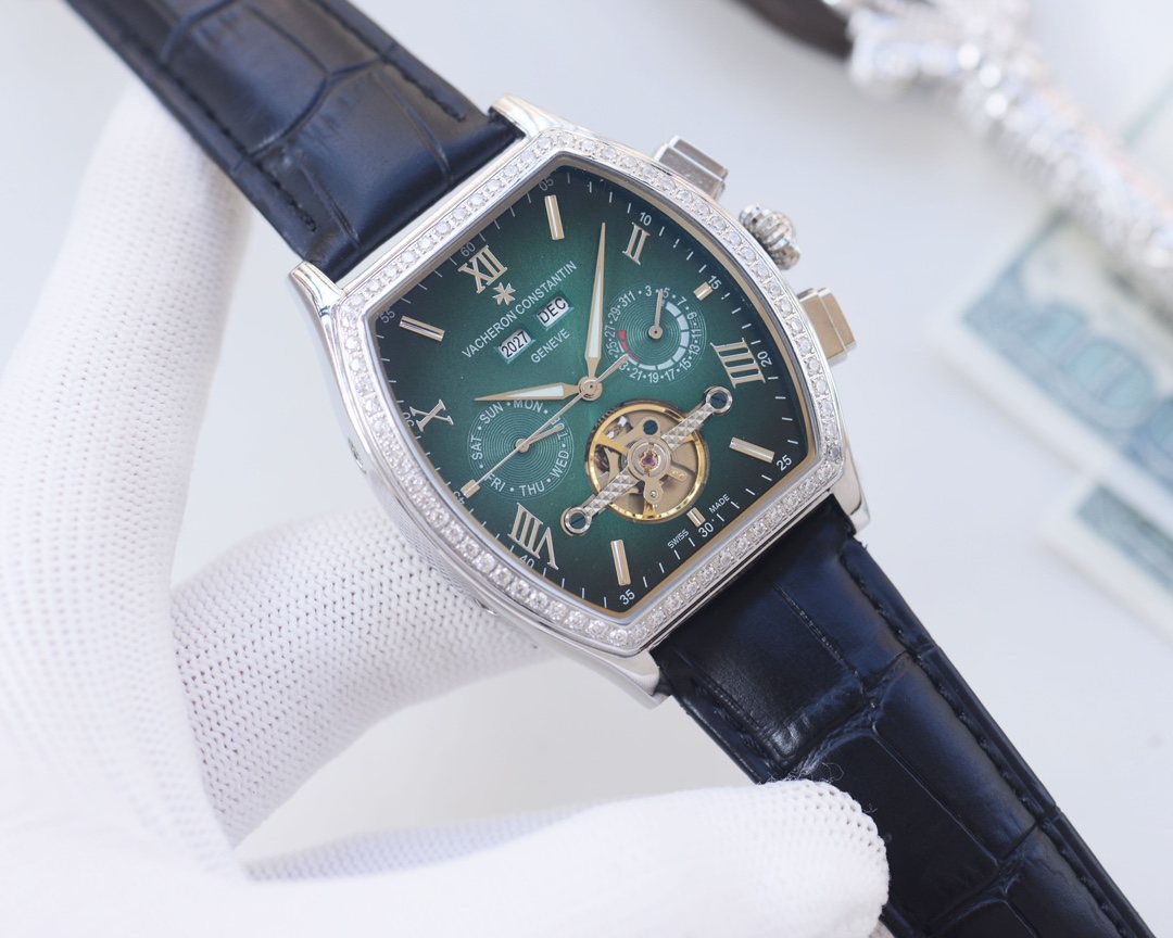 Vacheron Constantin Silver Green Blue Dial Strap Watch