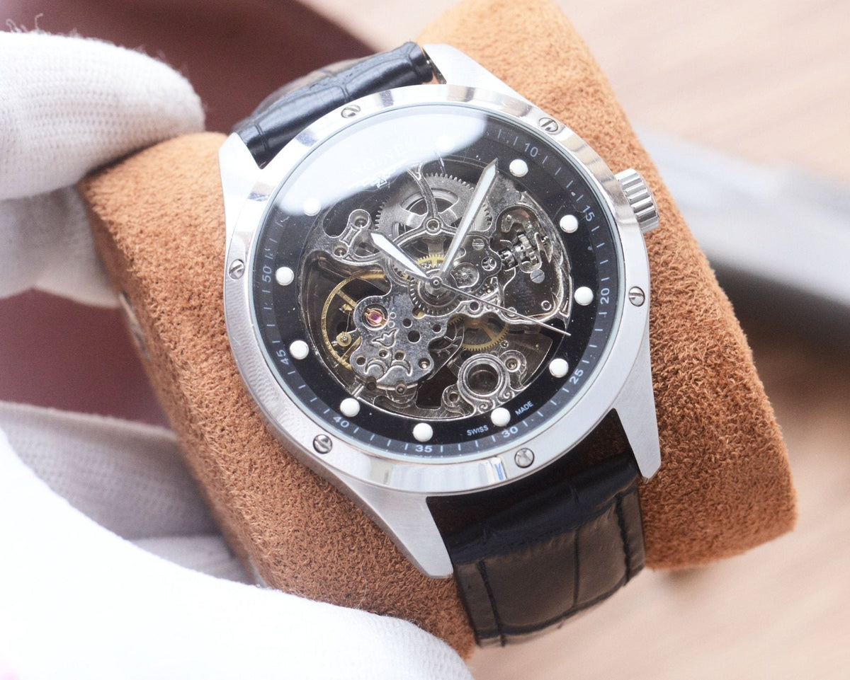 Longines Silver Black Leather Strap Watch