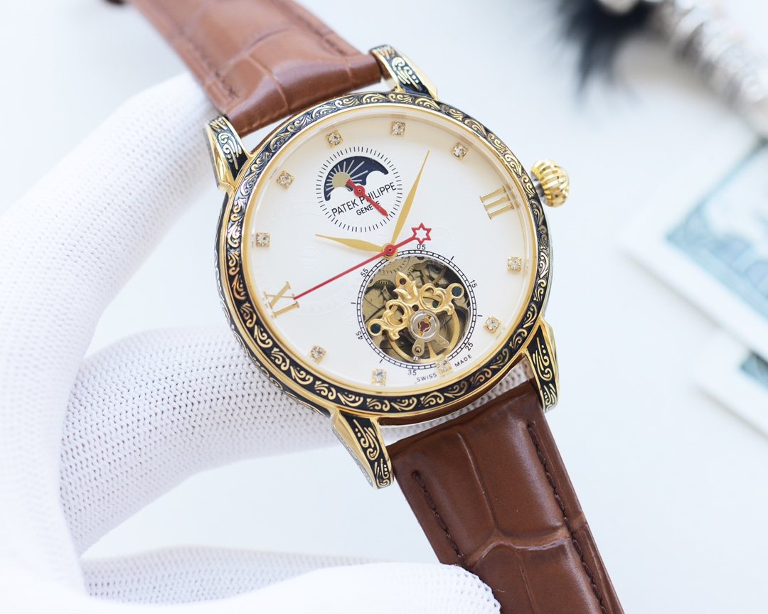 Patek Philippe Brown Gold White Dial Strap Watch