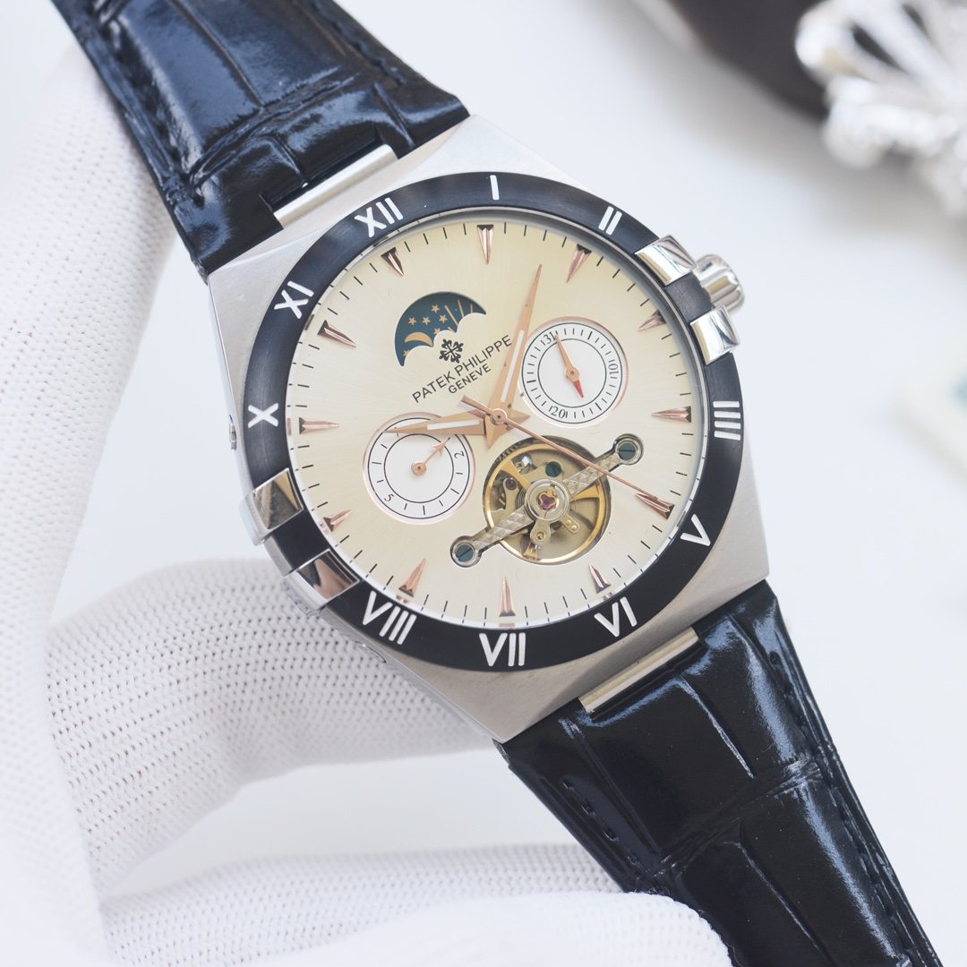 Patek Philippe Black Silver Leather Strap Watch