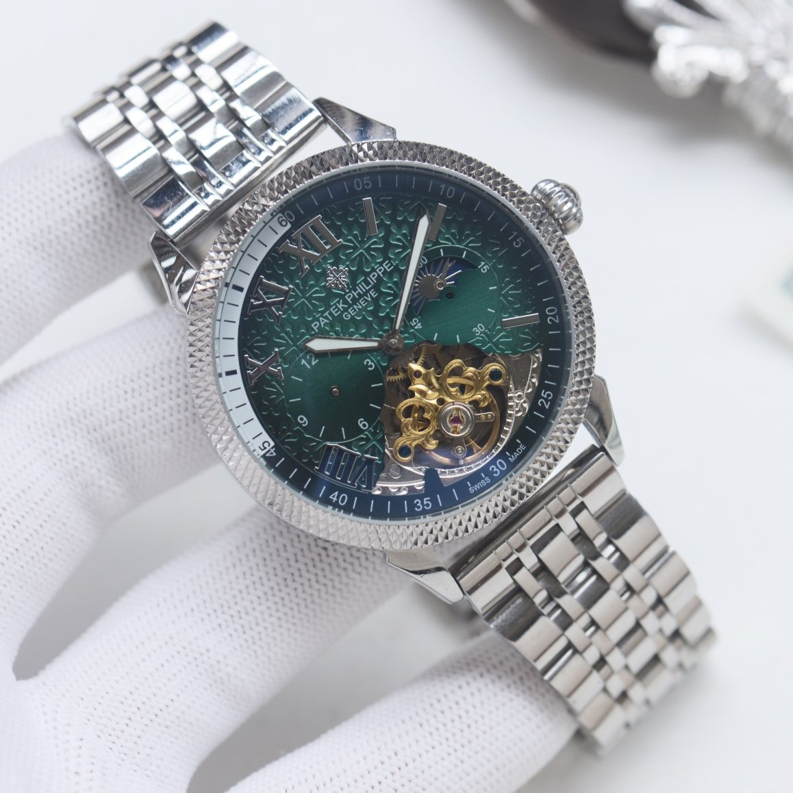 Patek Philippe Silver Green Dial Bracelet Watch