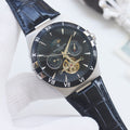 Patek Philippe Blue Silver Black Dial Leather Strap Watch