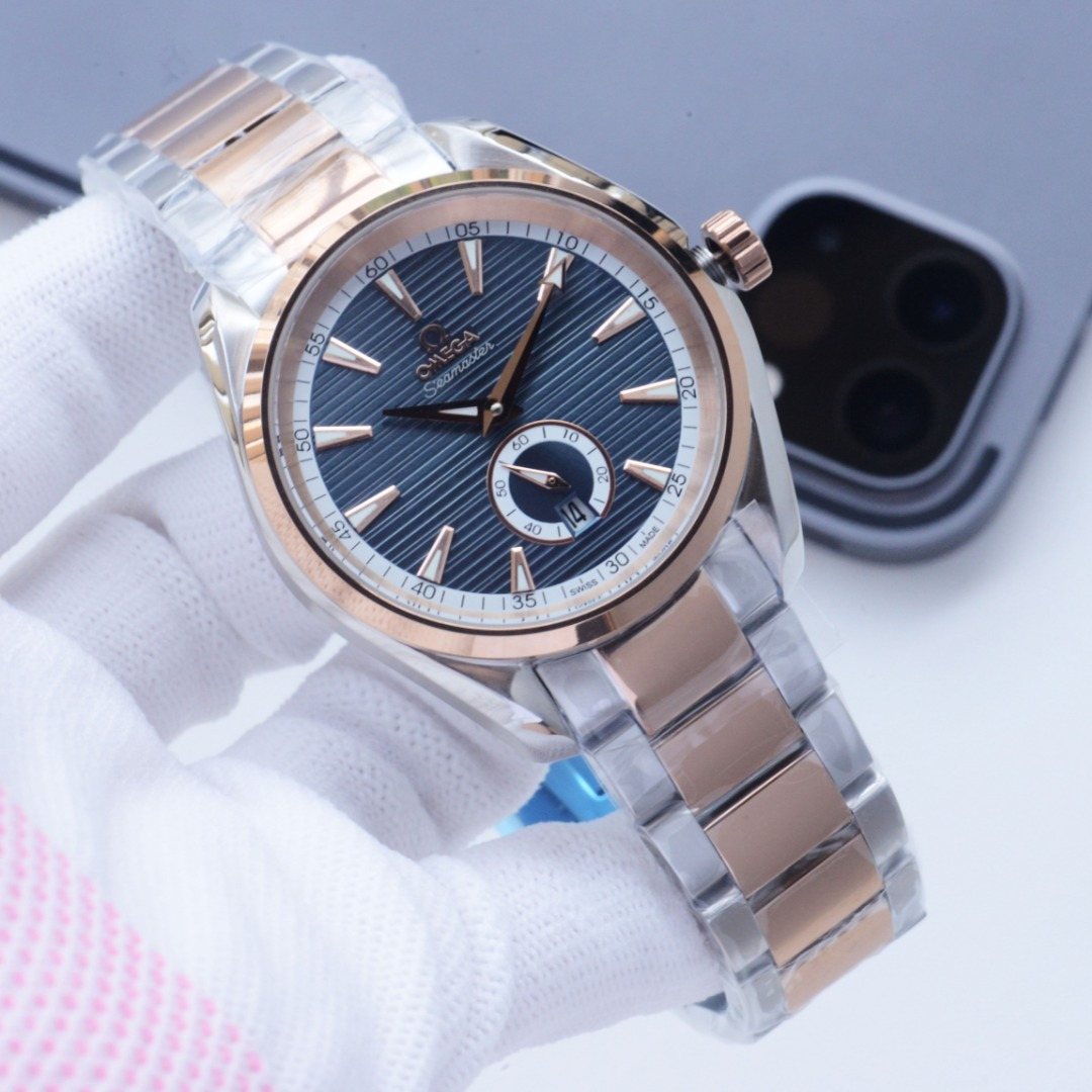 Omega Rose Gold Silver Blue Dial Bracelet Watch