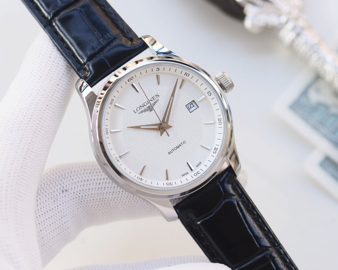 Longines Silver Blue White Dial Leather Strap Watch