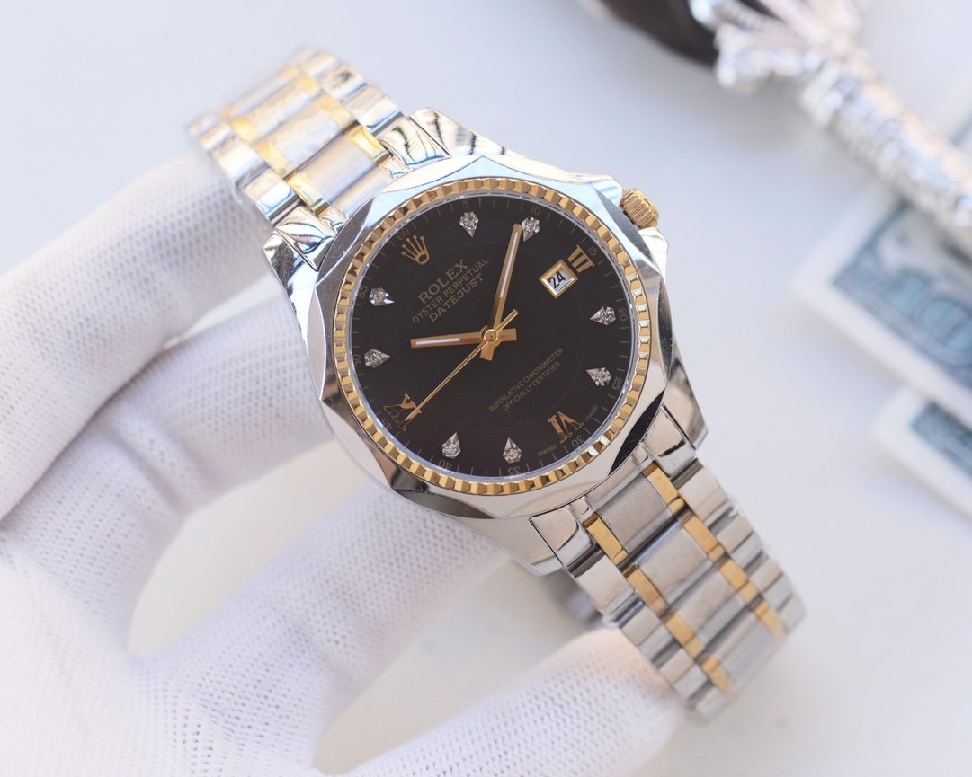 Rolex Two Tone Silver Black Dial Bracelet Watch