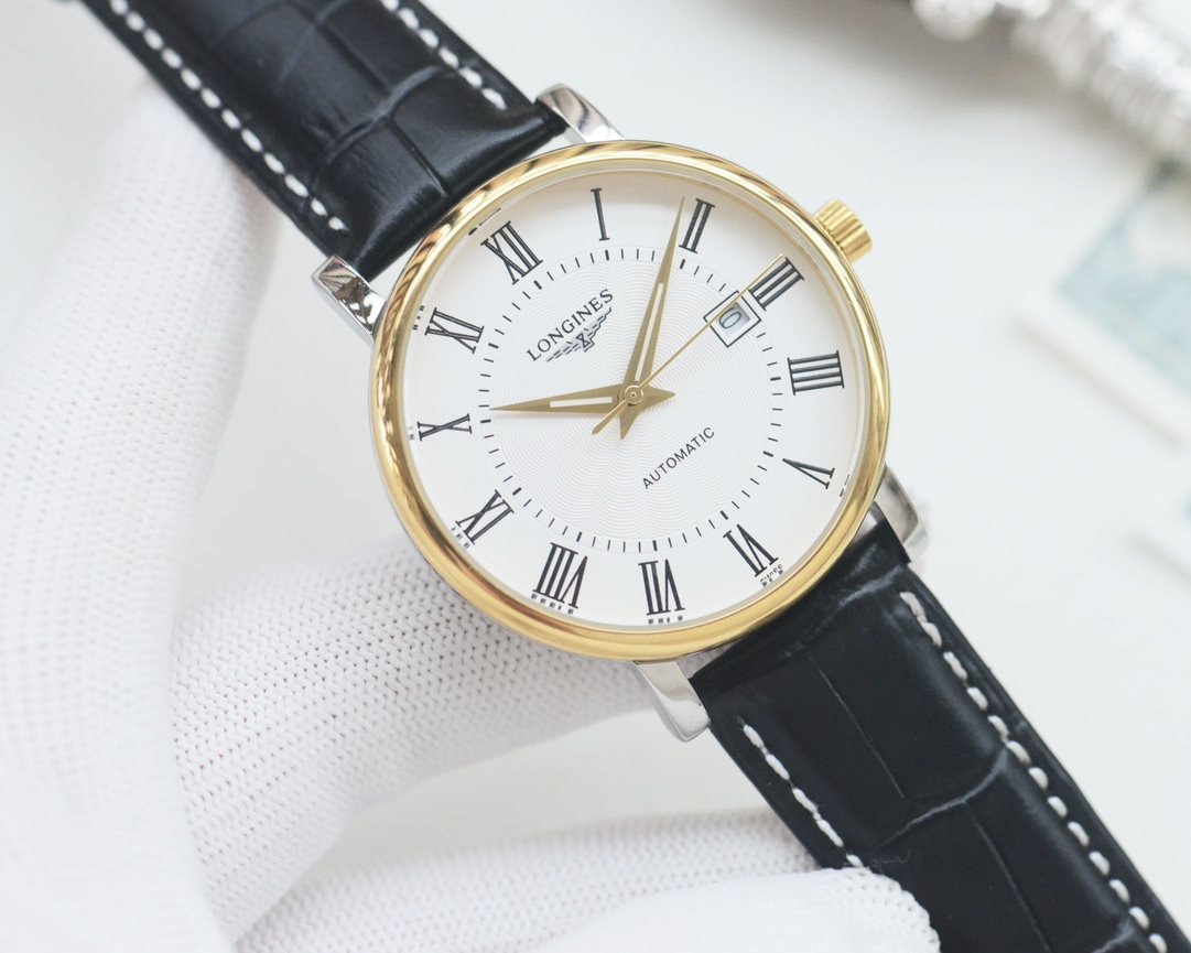 Longines Black Gold White Dial Leather Strap Watch