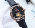 Patek Philippe Brown Rose Gold Black Dial Leather Strap Watch