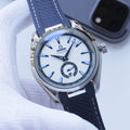 Omega Silver Blue White Dial Leather Strap Watch