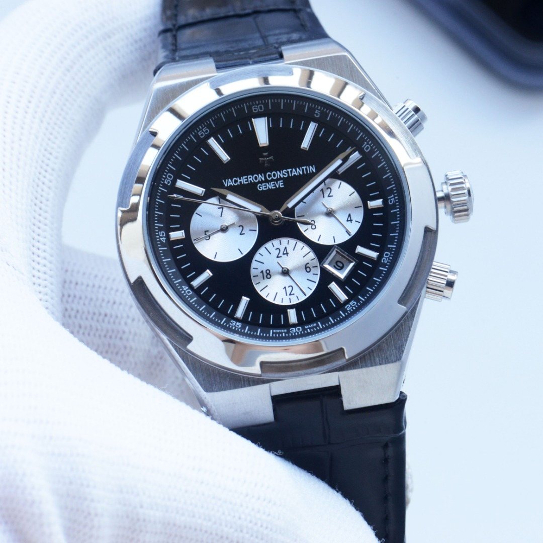 Vacheron Constantin Silver Black White Dial Strap Watch