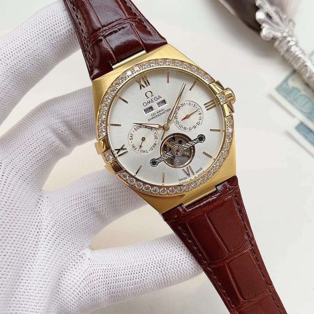 OMEGA Gold-Tone Brown Strap Watch