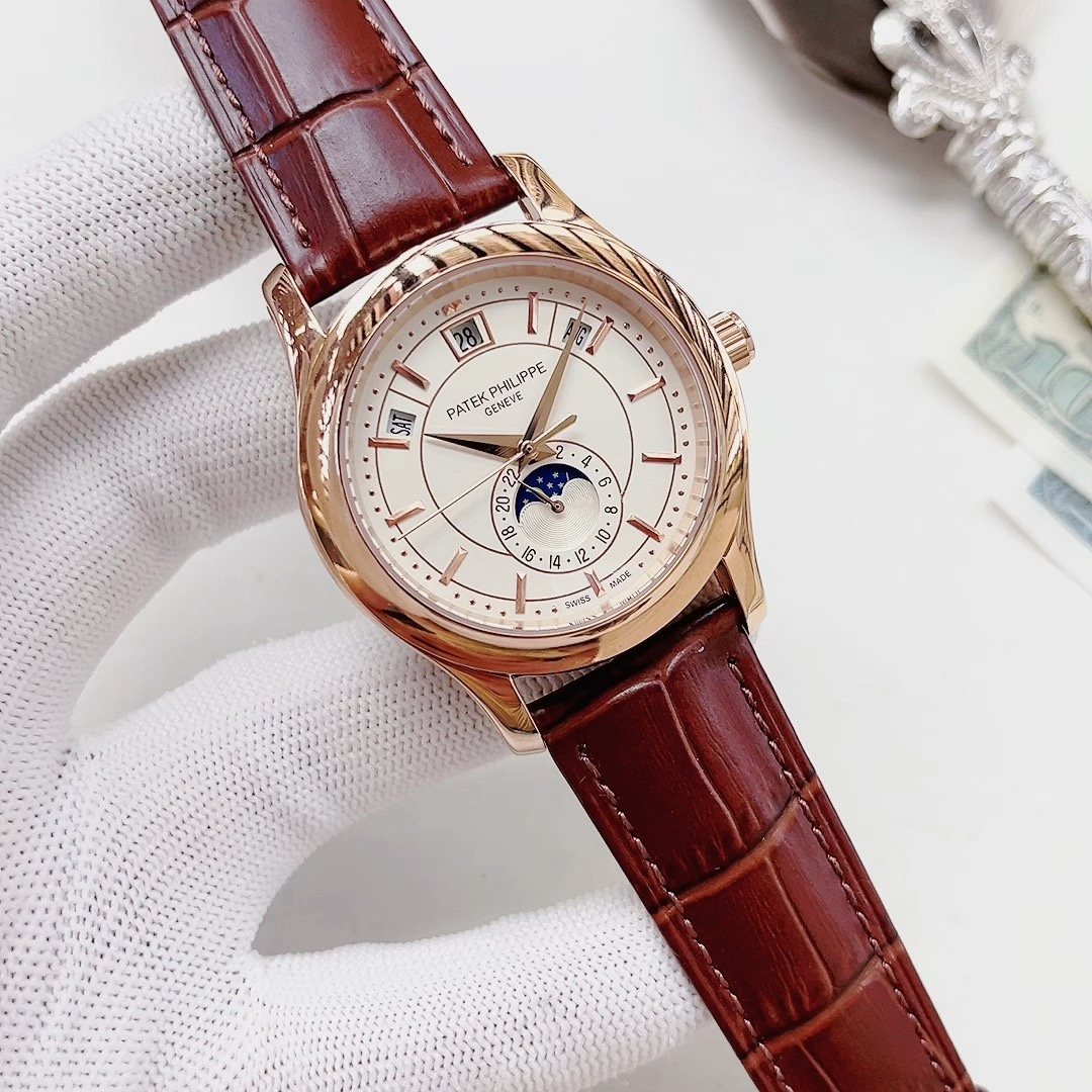 Patek Philippe Rose Gold-Tone Brown Leather Strap Watch