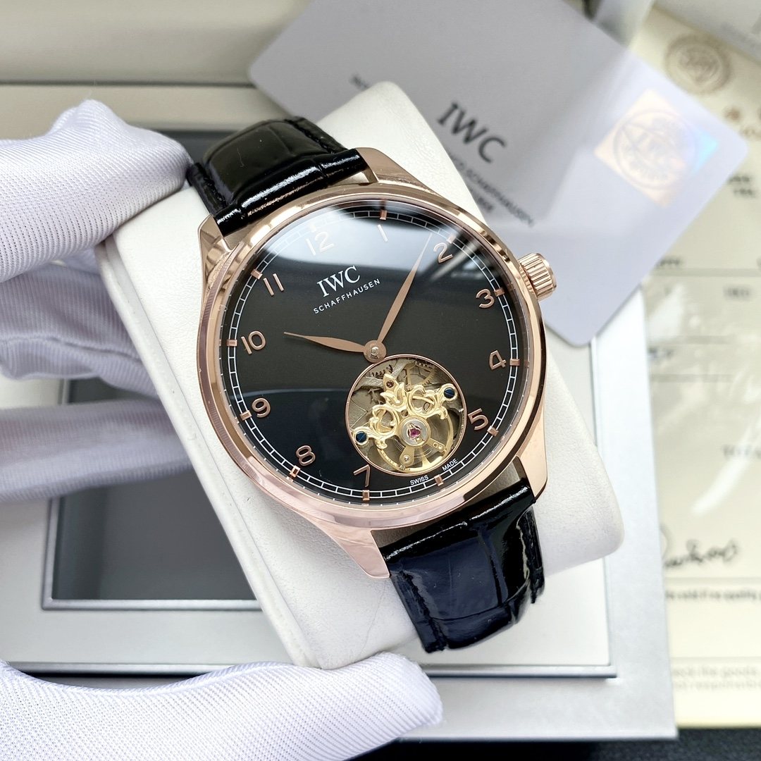 IWC Rose Gold Black Dial Strap Watch