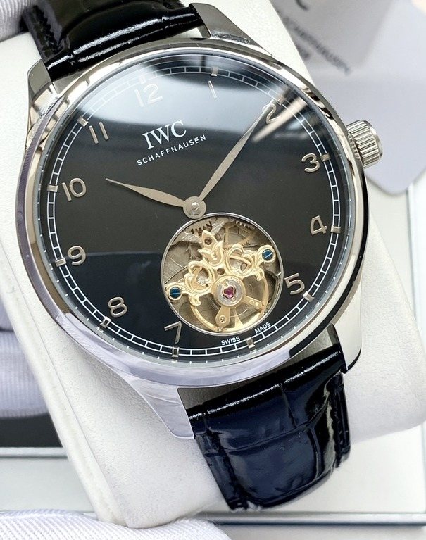 IWC Silver Black Dial Strap Watch