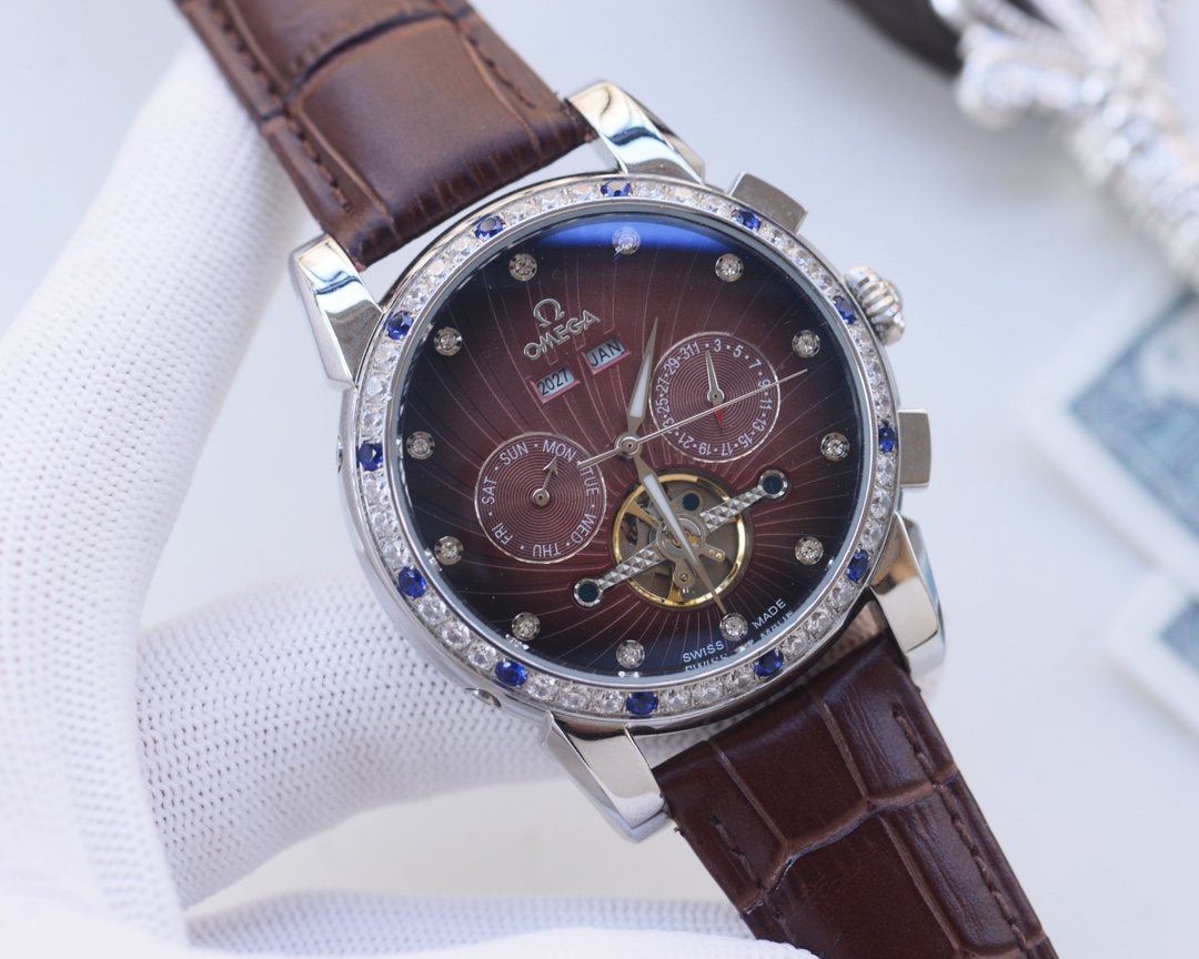 Omega Silver Blue Brown Dial Strap Watch