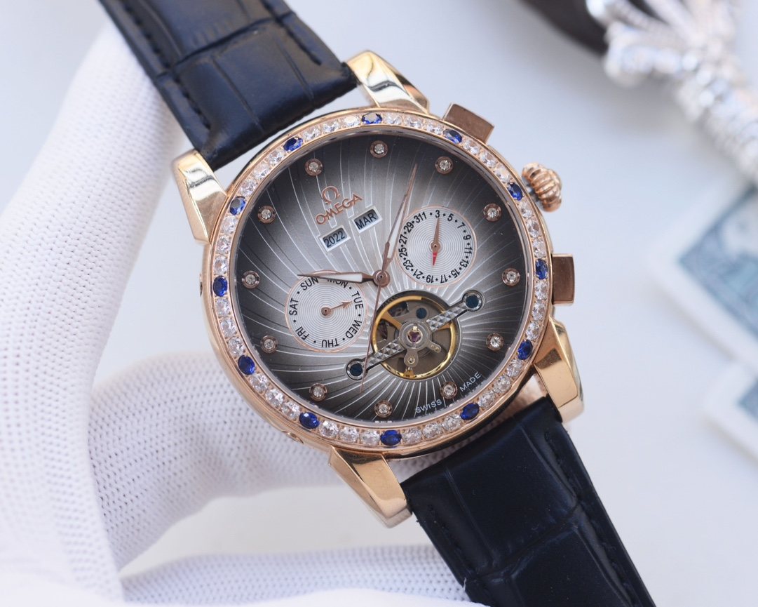 Omega Gold Black Strap Watch