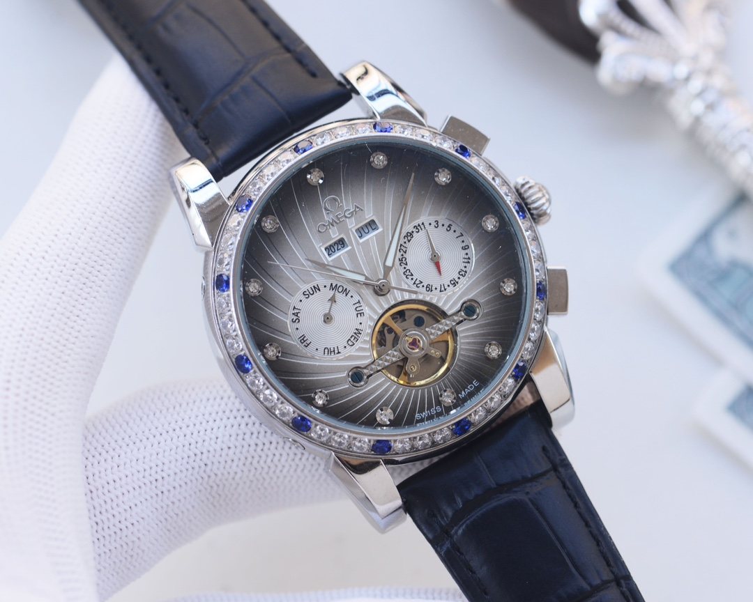 Omega Silver Black Blue Dial Strap Watch