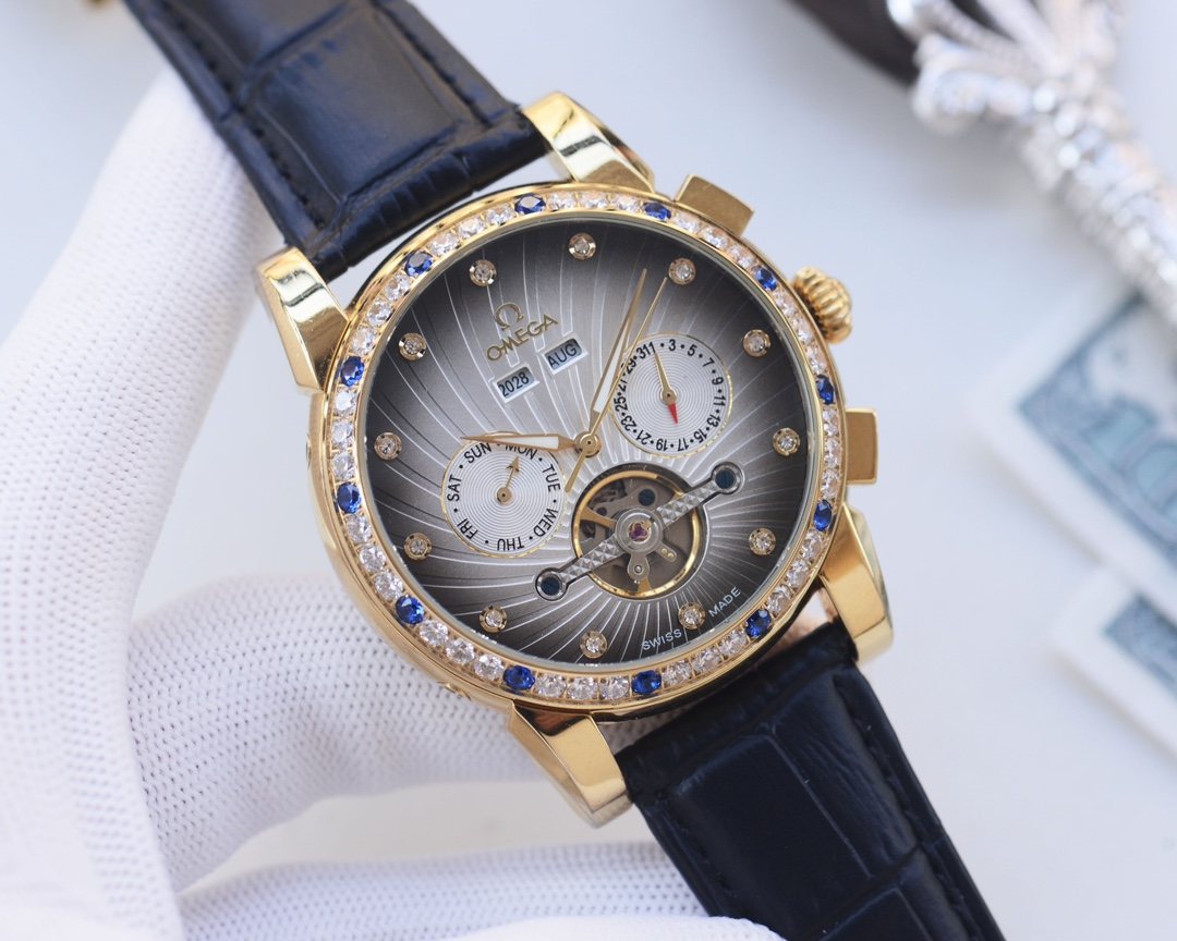 Omega Gold Black Blue Dial Strap Watch