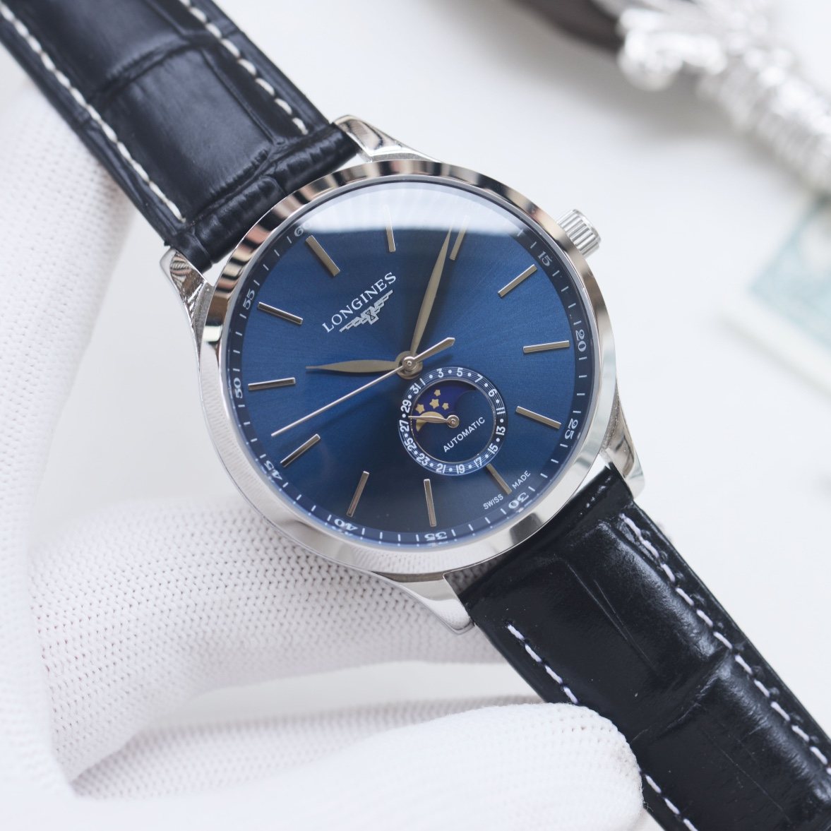 Longines Silver Black Blue Dial Strap Watch