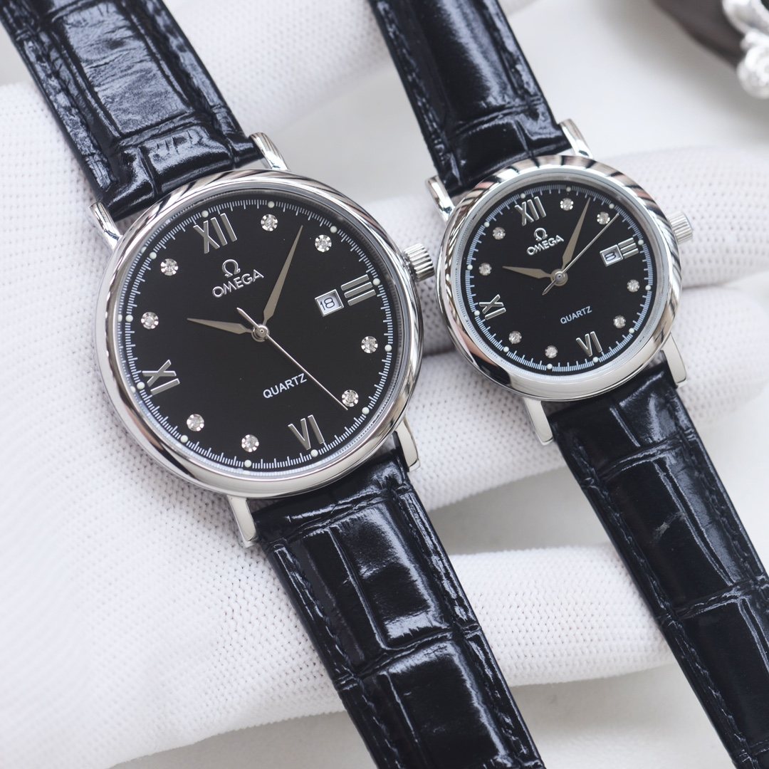 Omega Black Dial Leather Strap Couple Watch Set