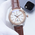 OMEGA Brown Rose Gold White Dial Leather Strap Watch