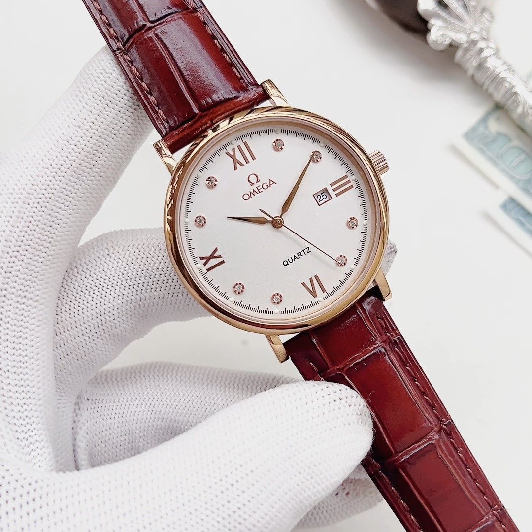 OMEGA Burgundy Leather Strap Couple Watch Set