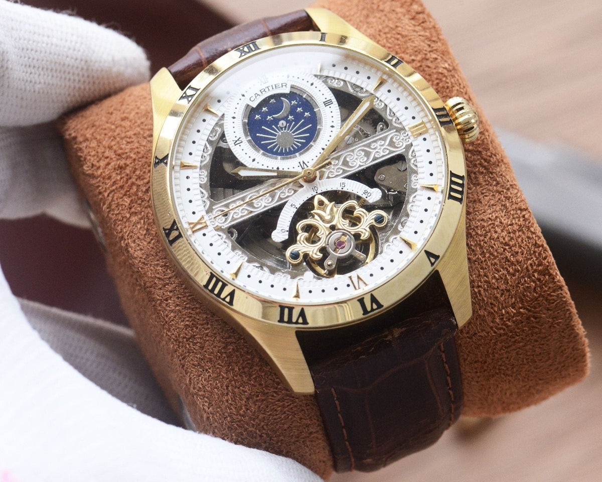 Cartier Gold Brown White Dial Leather Strap Watch