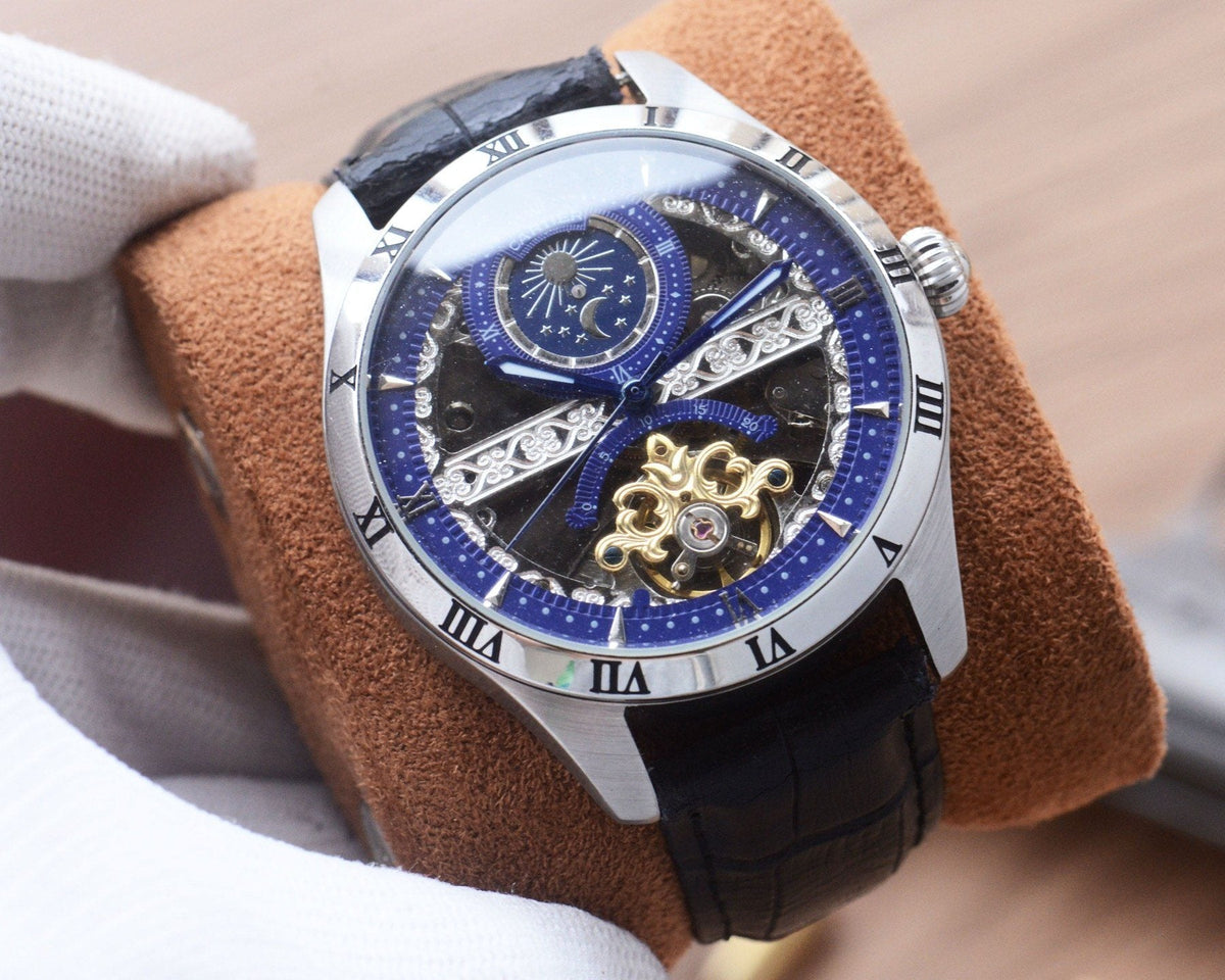 Cartier Silver Black Blue Dial Leather Strap Watch