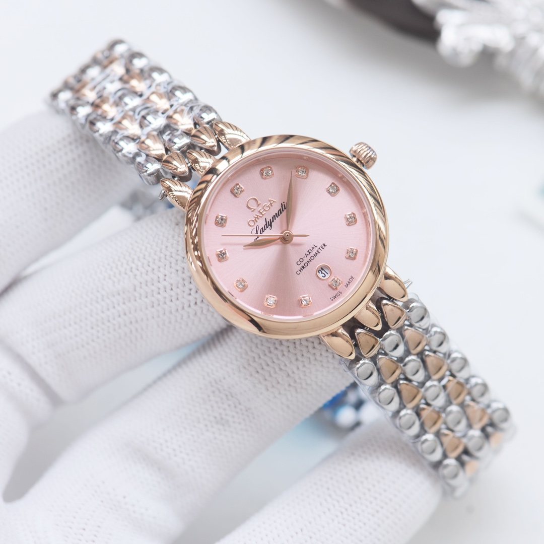 Omega Two Tone Rose Gold Pink Dial Bracelet Watch