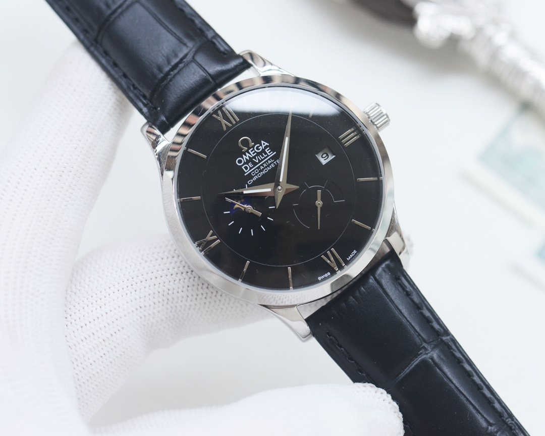 Omega Black Dial Leather Strap Watch