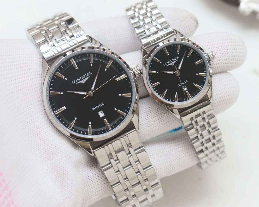 Longines Silver Black Dial Couple Watch Set