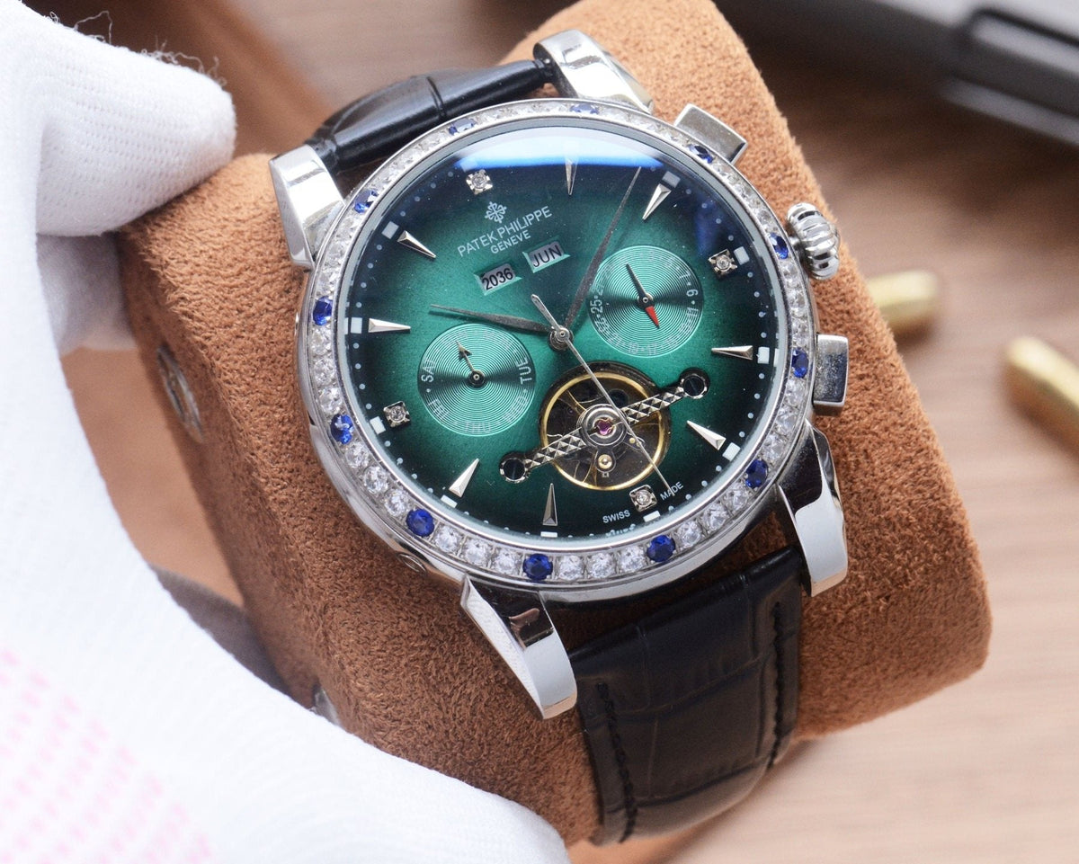 Patek Philippe White Black Green Dial Strap Watch