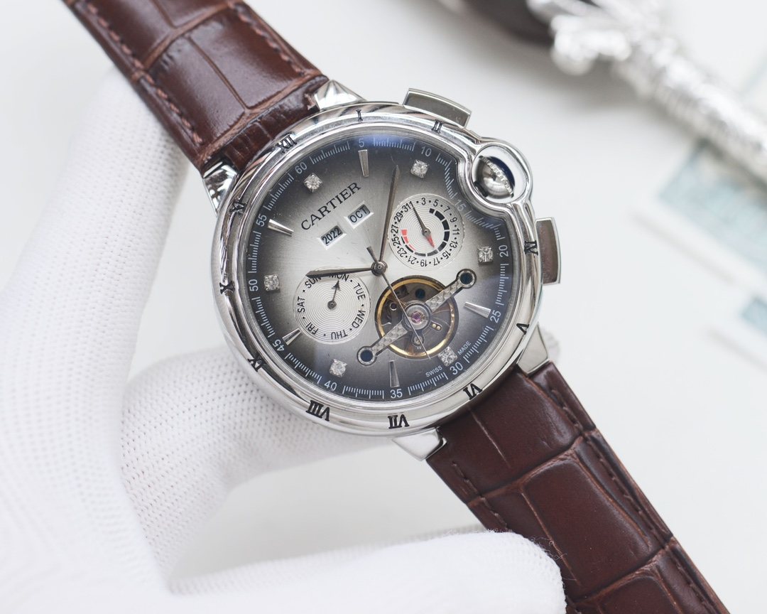 Cartier Silver Brown White Dial Strap Watch