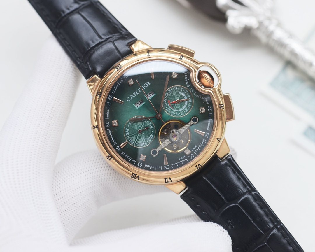 Cartier Rose Gold Black Green Dial Strap Watch