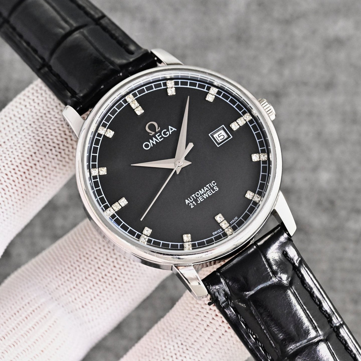 Omega Silver Black Dial Strap Watch