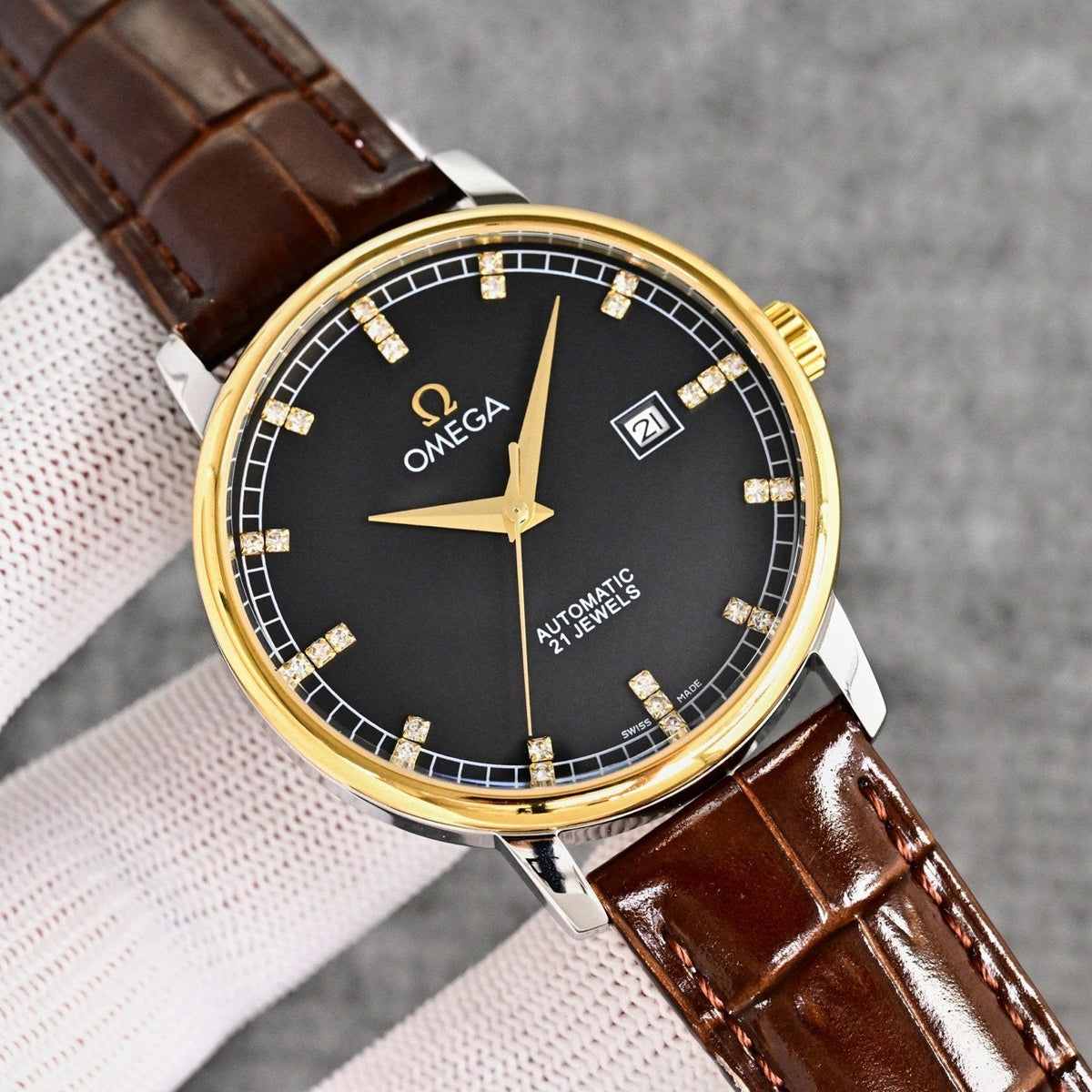 Omega Two Tone Brown Black Dial Strap Watch