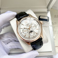 Longines Rose Gold Black White Dial Leather Strap Watch