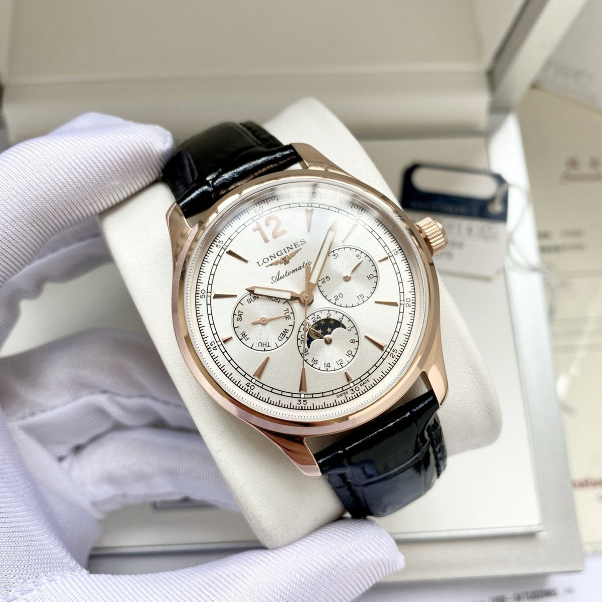 Longines Rose Gold Black White Dial Leather Strap Watch
